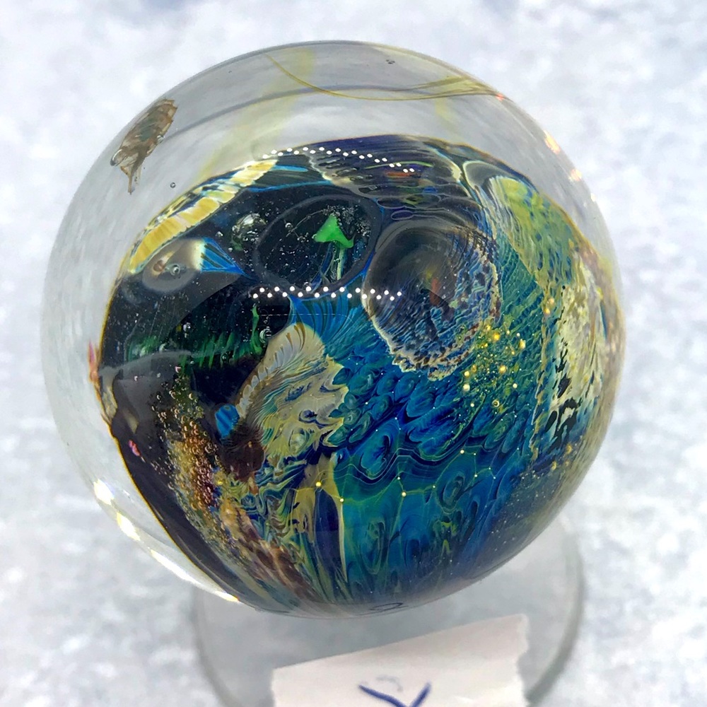 Josh Simpson Art Glass sphere, Inhabited Worlds series, 1 7/8”